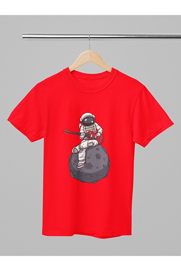 Women/Men 100% Cotton Guitar Playing Astronaut Transfer Printed Round Neck Short Sleeve Tee