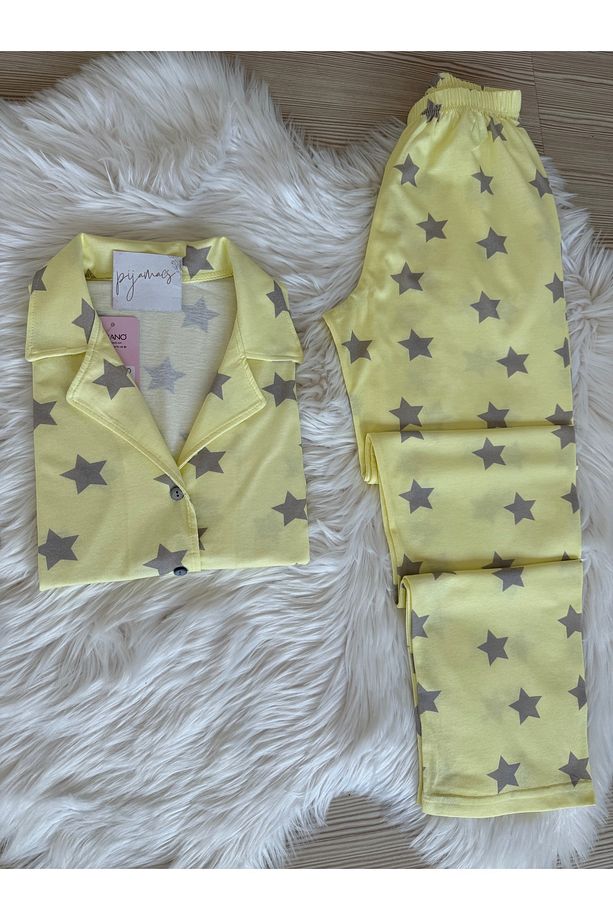 Sarı Yıldız Desenli Pamuklu Kısa Kol Gömlek Yaka Pijama Takımı - 3