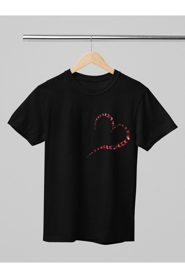 Women'S/Men's 100% Cotton Heart Butterfly Transfer Printed Round Neck Short Sleeve T-Shirt
