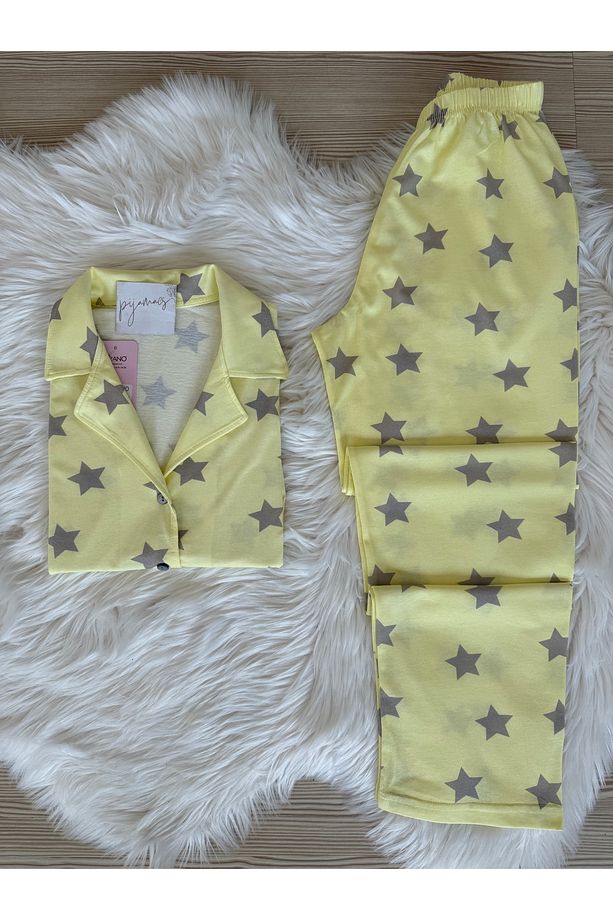 Sarı Yıldız Desenli Pamuklu Kısa Kol Gömlek Yaka Pijama Takımı - 1