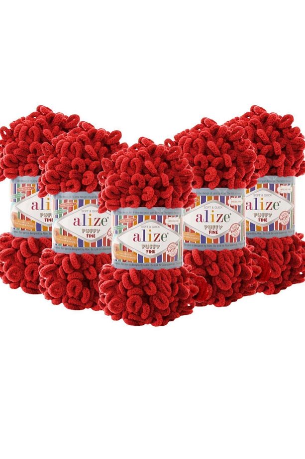 (5 ADET) Puffy Fine (İNCE) El Örgü Ipliği 5'li Paket - 56 Kırmızı - 100 Gr. 14.5 Mt. Parmak Örgü Ipi - 1