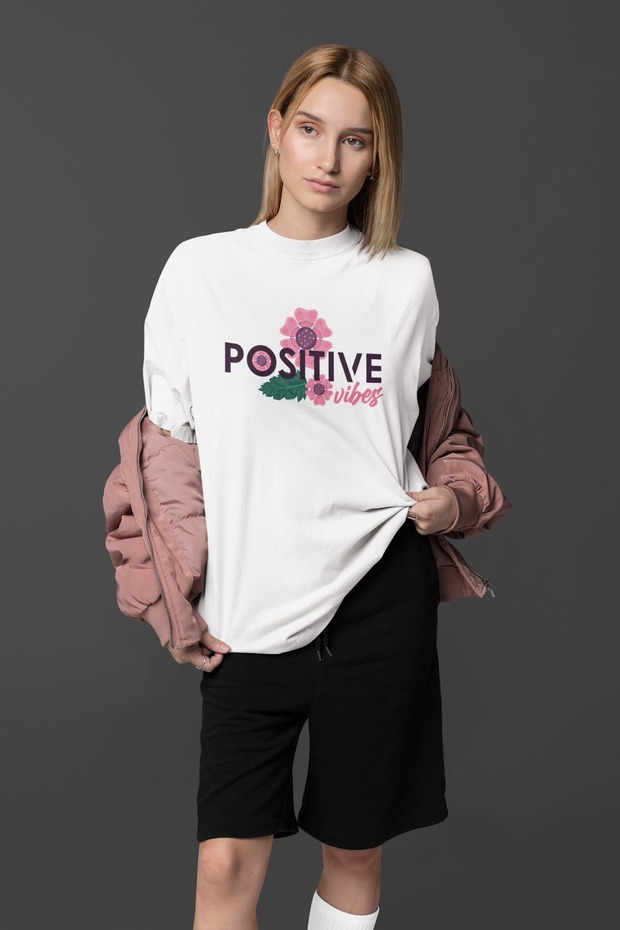 Women/Men 100% Cotton Positive Vibes Transfer Printed Round Neck Short Sleeve Tee