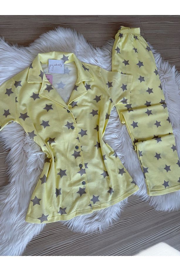 Sarı Yıldız Desenli Pamuklu Kısa Kol Gömlek Yaka Pijama Takımı - 6