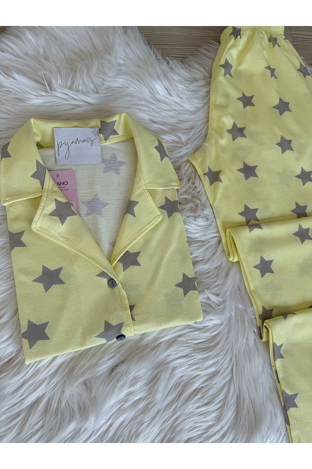 Sarı Yıldız Desenli Pamuklu Kısa Kol Gömlek Yaka Pijama Takımı - 4