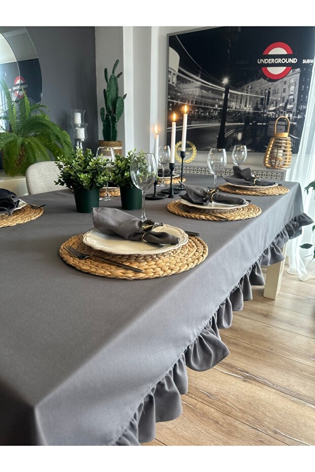 Aura Smoked Gray Ruffled Tablecloth