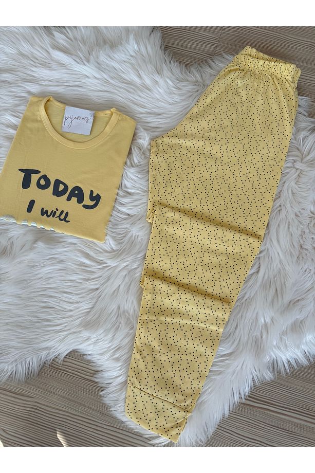 Sarı Puantiye Desenli Pamuklu Kısa Kol Örme Pijama Takımı - 4