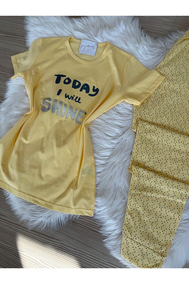 Sarı Puantiye Desenli Pamuklu Kısa Kol Örme Pijama Takımı - 7