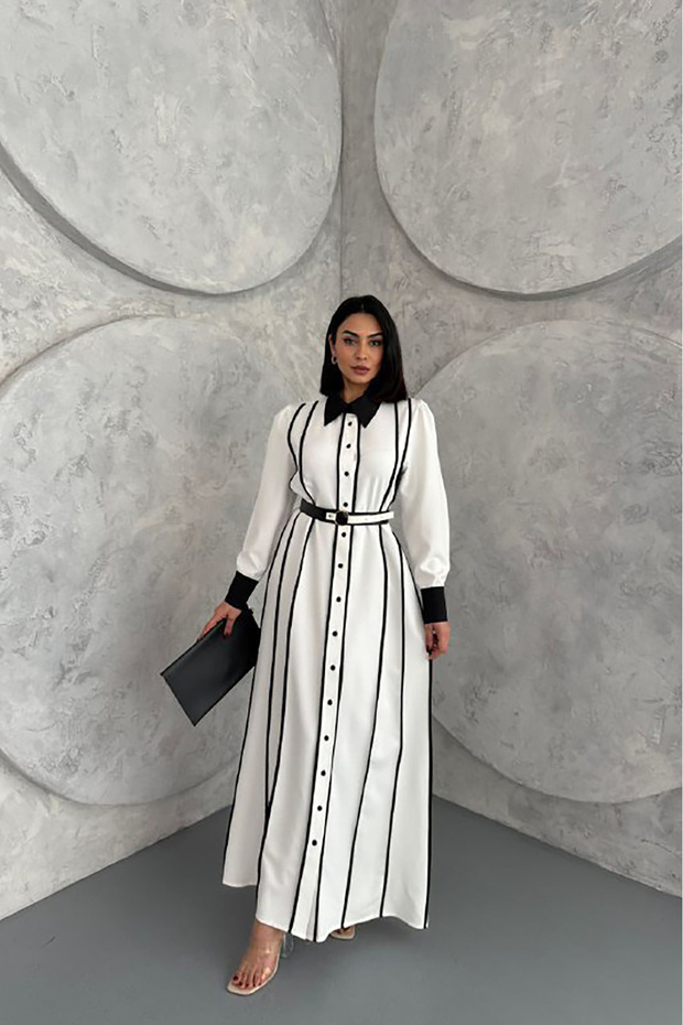 Women's Belt Line Detailed Long Shirt Dress Nbms42166