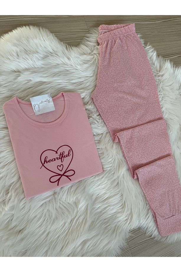 Pembe Mini Kalp Desenli Pamuklu Uzun Kol Örme Pijama Takımı - 2