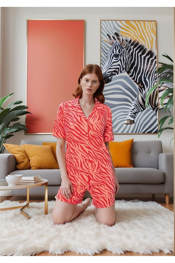 Kadın Nar Çiçeği Zebra Desen Gömlek Şort Pijama Takımı Wval61.16.25 - 1