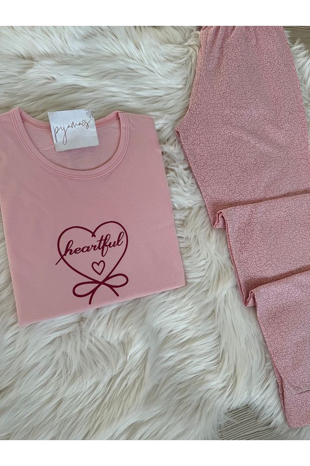 Pembe Mini Kalp Desenli Pamuklu Uzun Kol Örme Pijama Takımı - 4