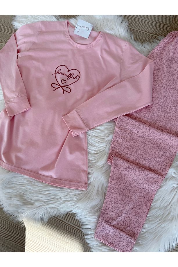 Pembe Mini Kalp Desenli Pamuklu Uzun Kol Örme Pijama Takımı - 7