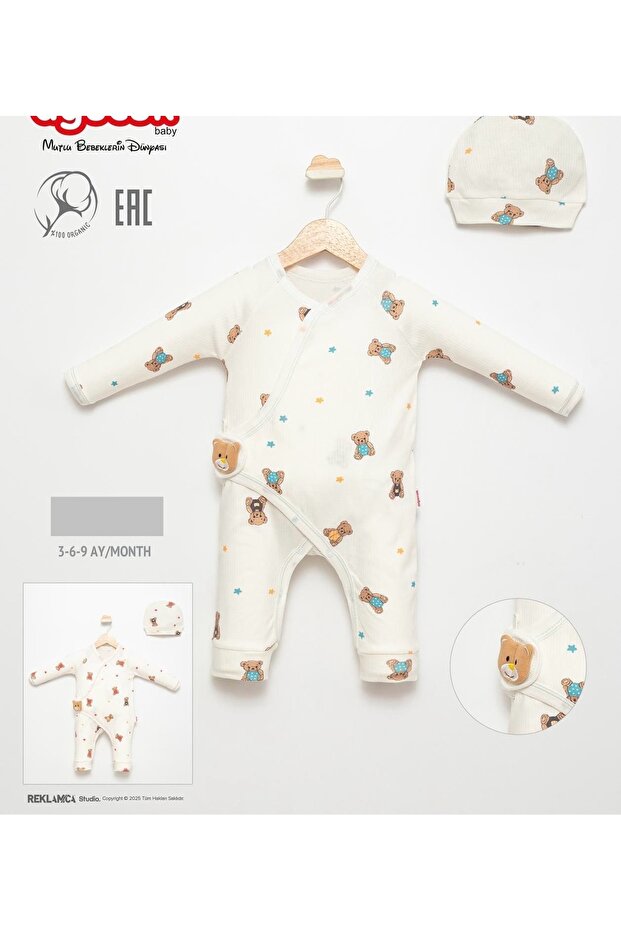 Baby Boy Teddy Bear Appliqued Cotton Jumpsuit