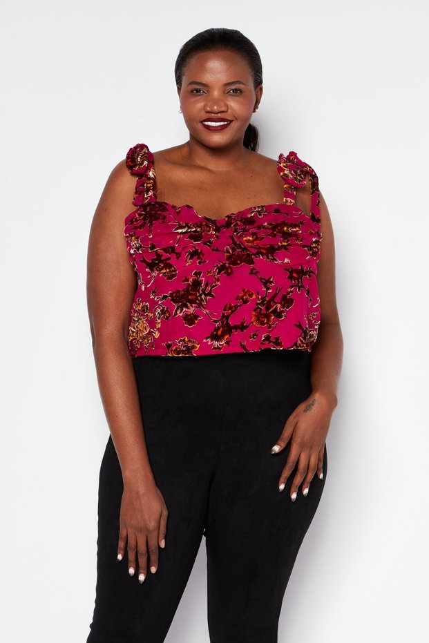 Women Plus Sweetheart Neck Tie Sleeve Floral Corset Top, Pink Combo