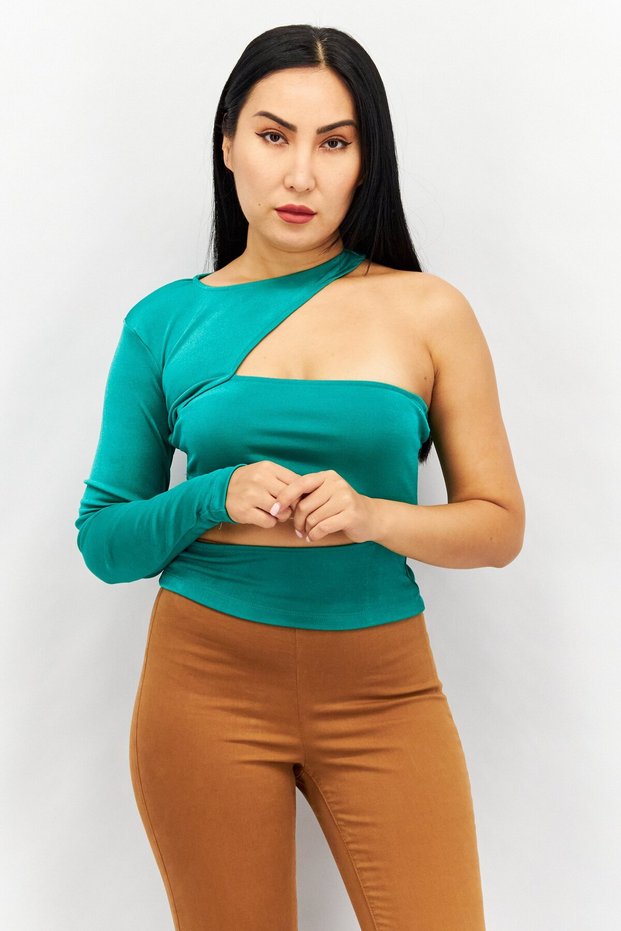Women Round Neck One Shoulder Sleeves Cut Out Shirt, Green