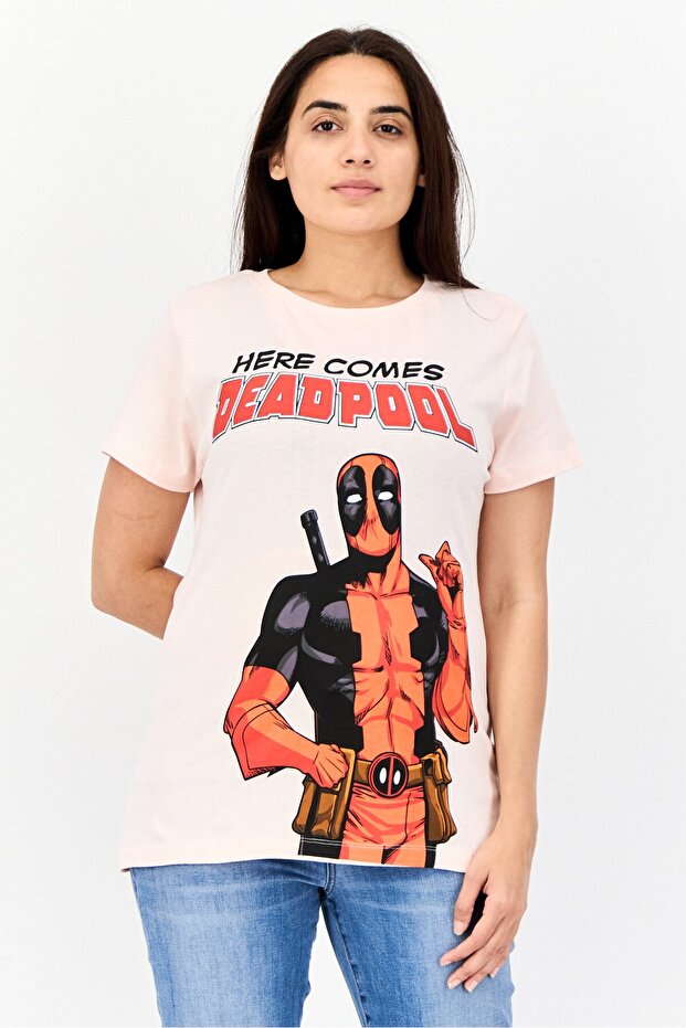 Women Crew Neck Short Sleeves Deadpool Print T-Shirt, Light Pink