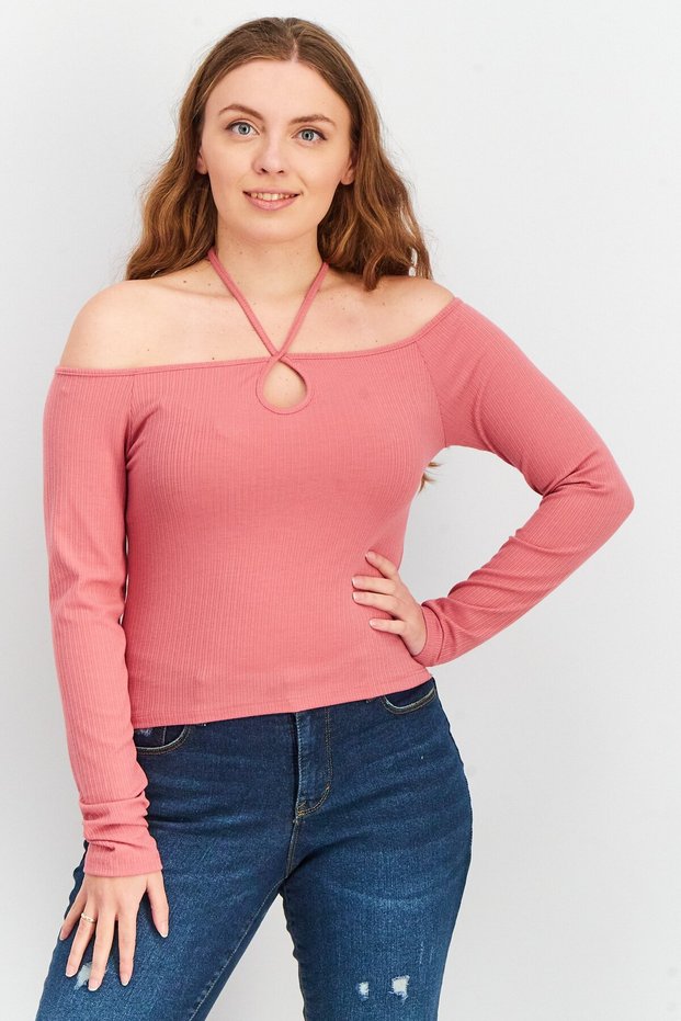 Women Halter Neck Long Sleeve Knitted Top, Mauve