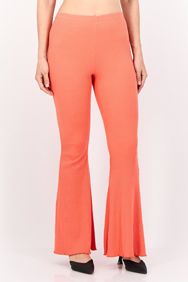 Women Regular Fit Flare Ribbed Pants, Red