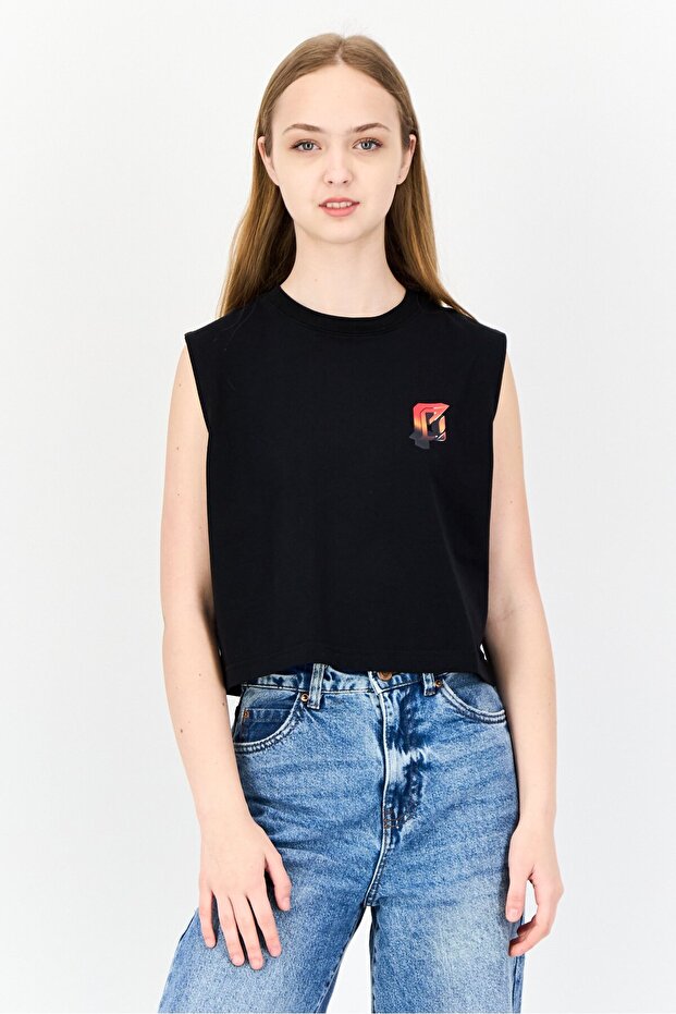 Women Crew Neck Graphic Print Tank Tops, Black