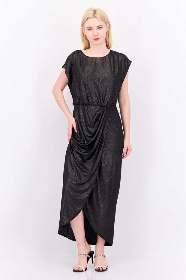 Women Textured Short Sleeve Maxi Dress,Black