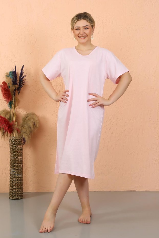 Fashion Line Women's Short Sleeve Knee Length over Size Pink Home Dress - Nightgown 93410