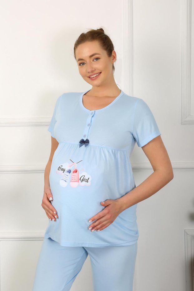 Fashion Line Women's Short Sleeve Maternity Pajama Set Blue 45210
