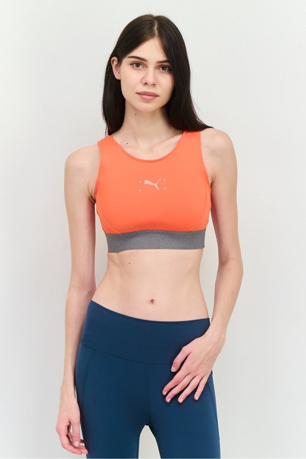 Women Lightly Padded Brand Logo Sports Bra, Orange/Grey