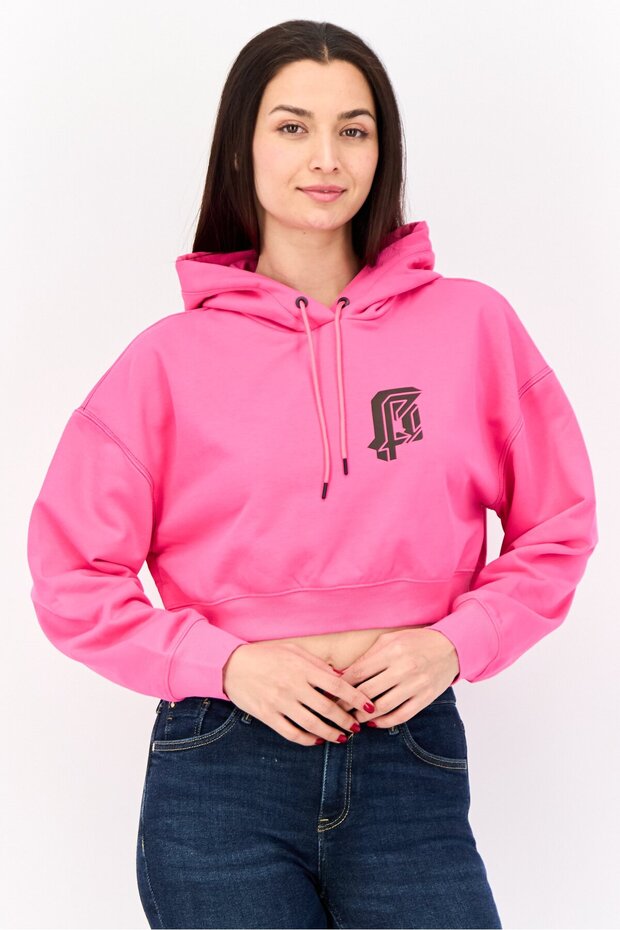 Women Graphic Print Long Sleeve Cropped Hoodie, Pink