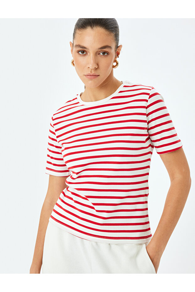 Cotton Crew Neck Short Sleeve Striped T-Shirt