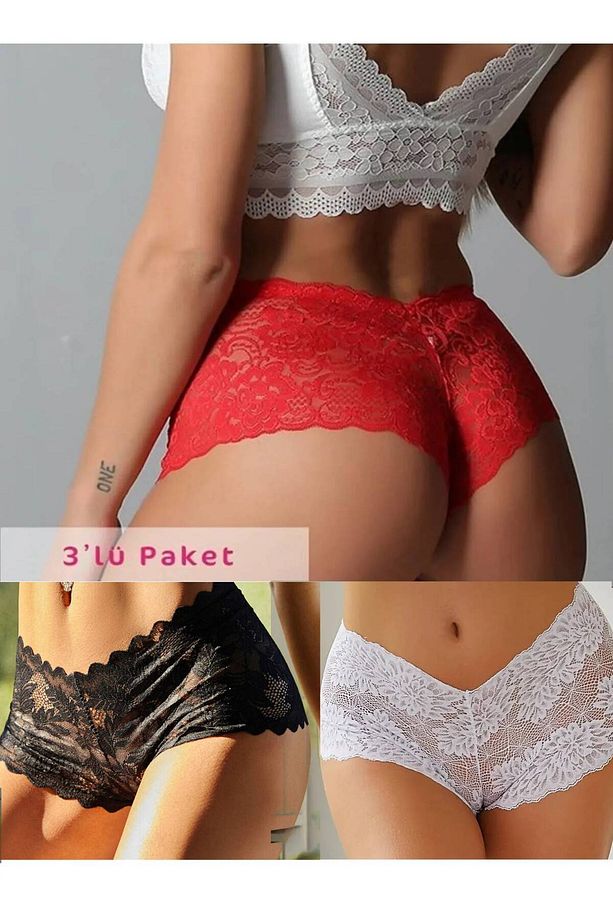 dantelli şort Yüksel Bel külot 3 adet - 1