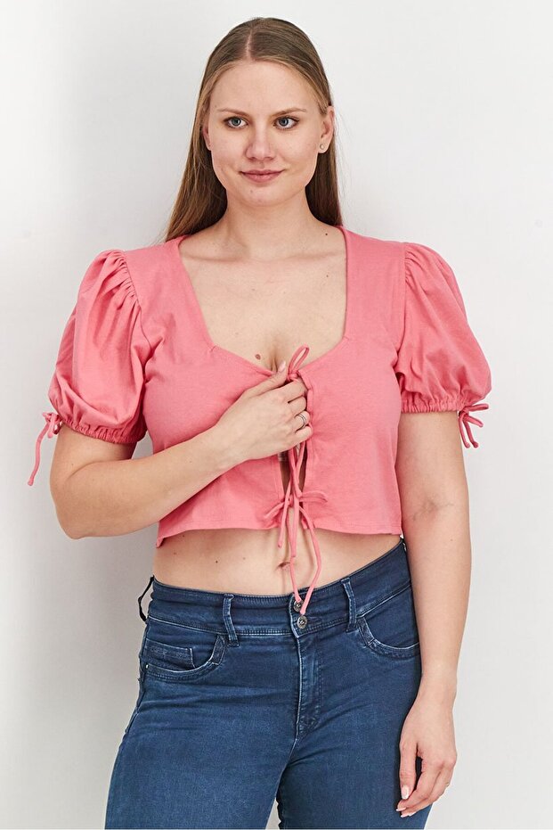 Women Scoop Neck Puff Sleeve Solid Top, Pink