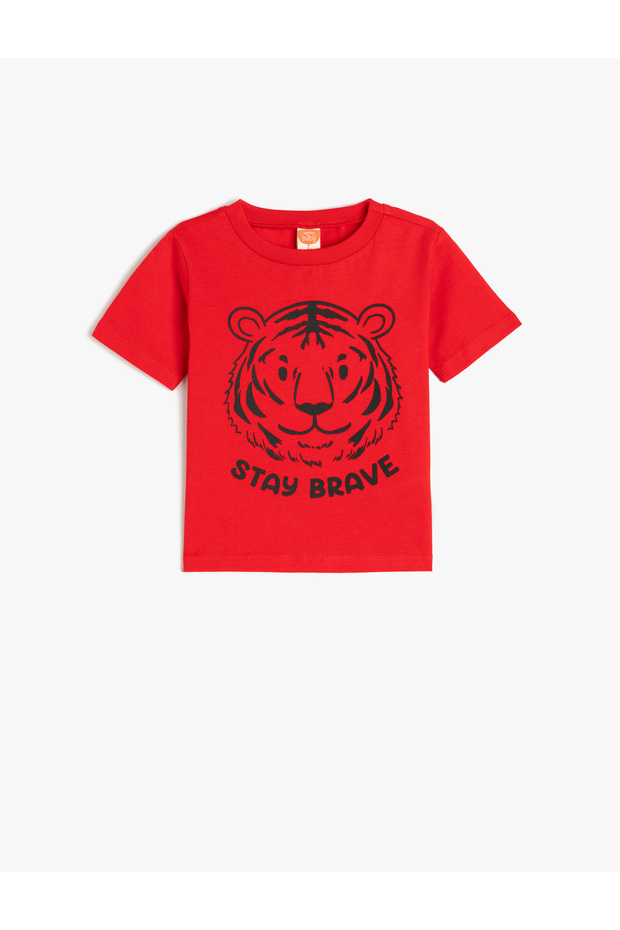 Tiger Printed Crew Neck Short Sleeve Cotton T-Shirt