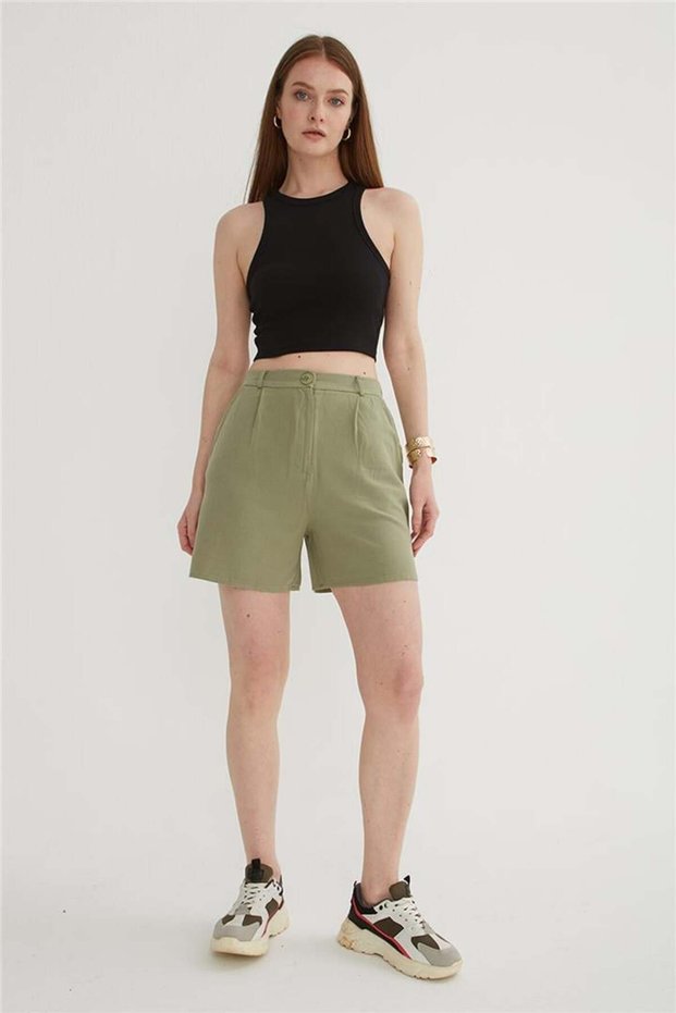 Comfortable Pleated Linen Shorts - High Waist Khaki