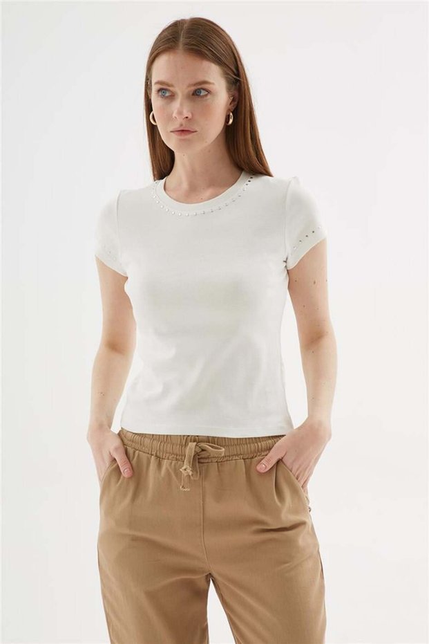 Staple Detailed 100% Cotton T-Shirt Ecru
