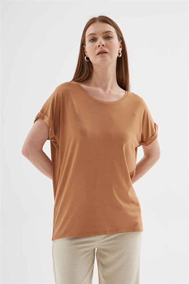 Crew Neck Draped Viscose Blouse Brown
