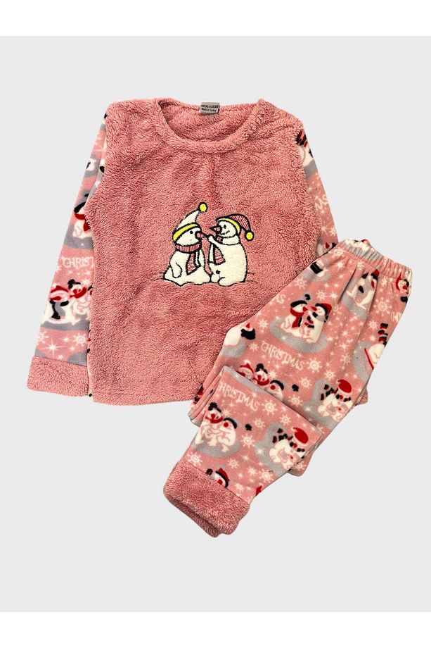 Kız Çocuk Pembe Kardan Adamlar Altı Gece Temalı Desenli Uzun Kollu Kışlık Polar Pijama Takımı - 1