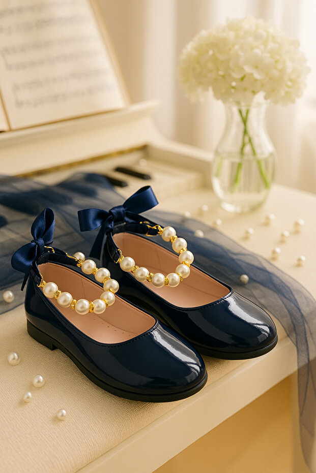 Girl's Pearl Shiny Navy Blue Shoes