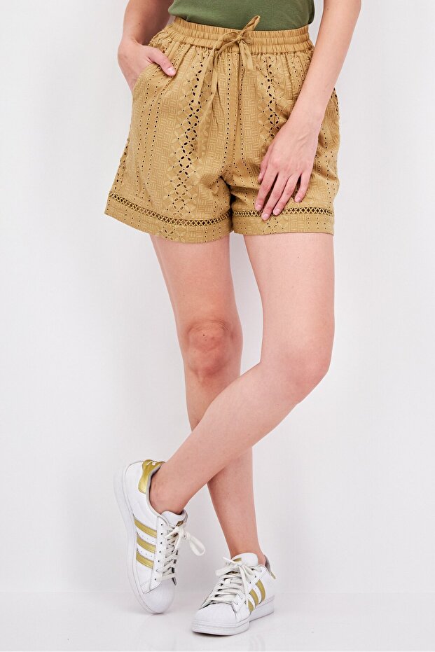 Women Textured Basic Shorts, Tan - 1