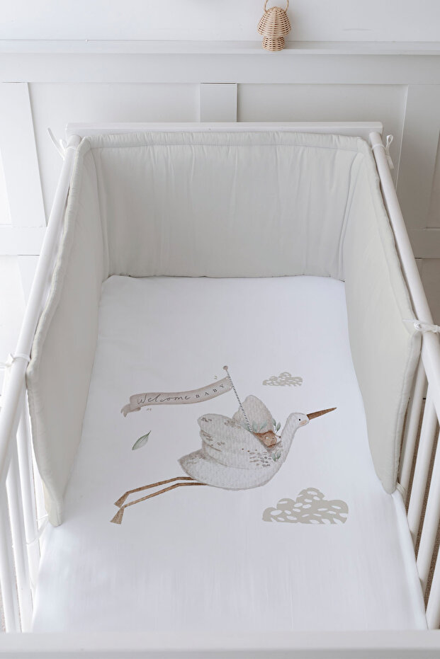 Baby Bedside Protector and Printed Sheet Sleeping Set - Royal Series - Welcome Baby Stork