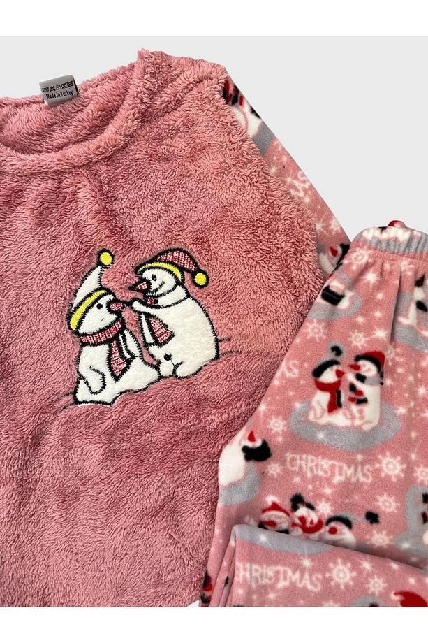 Kız Çocuk Pembe Kardan Adamlar Altı Gece Temalı Desenli Uzun Kollu Kışlık Polar Pijama Takımı - 2