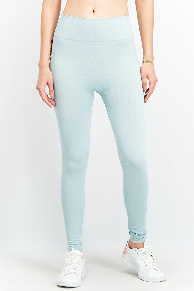 Women High Waist Ribbed Tights, Sage Blue
