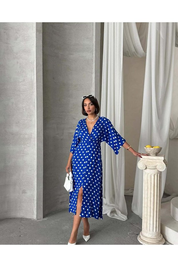 Women's Double Breasted Collar Elastic Waist Slit Detailed Polka Dot Maxi Long Loose Dress Sg1000-1