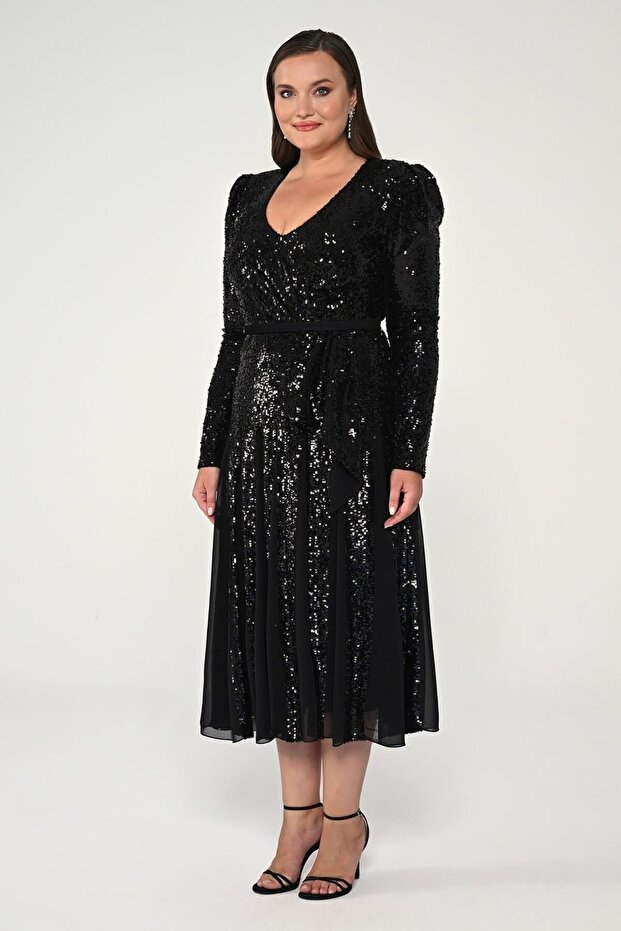 V Yaka Uzun Kollu Payet Midi Elbise - 2