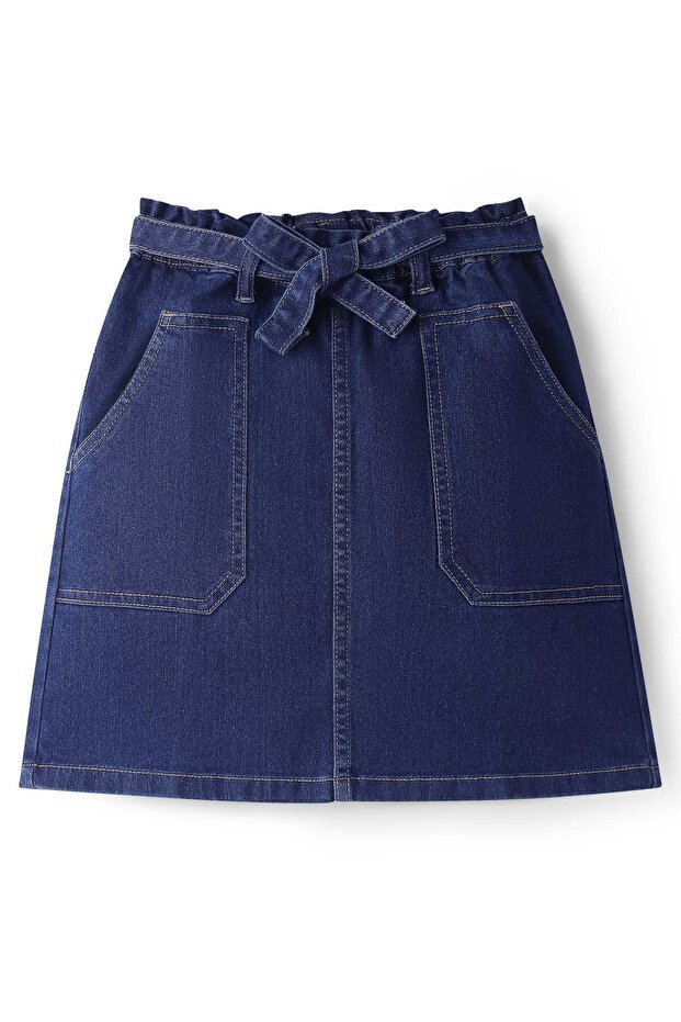 Knee Length Solid Color Denim Skirt - Navy Blue