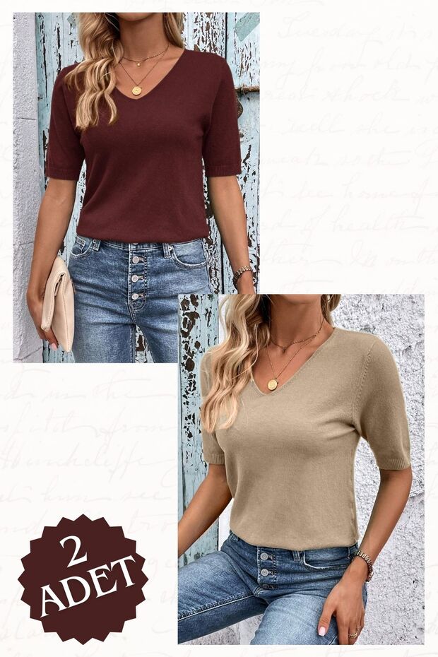 2 Pieces Lycra V-Neck Stretchy Short Sleeve Knitwear Blouse Burgundy-Mink