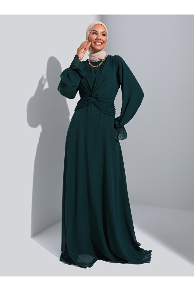 Knot Detailed Chiffon Hijab Evening Dress - Emerald Green -