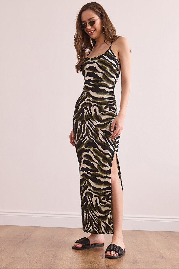 Women's Green Side Slit Strap Maxi Knitted Dress Elb- 19002377