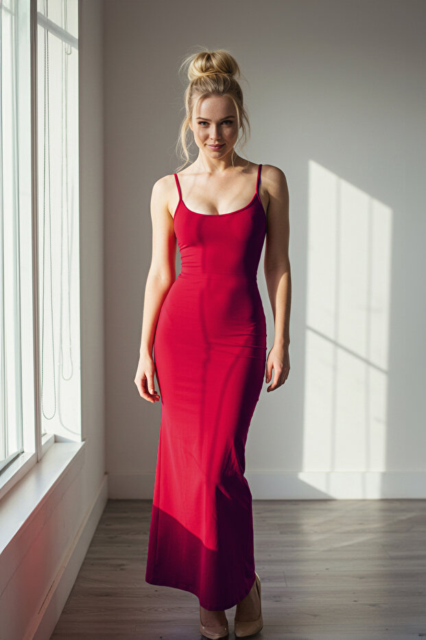 Kırmızı Maxi Bodycone/Vücuda Oturan Askılı Esnek Örme Elbise TWOSS23EL02435 - 5
