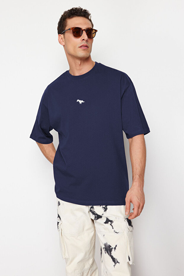 Indigo Oversize/Geniş Kesim Kısa Kol Dinozor Nakışlı %100 Pamuklu T-Shirt TMNSS23TS00243 - 3