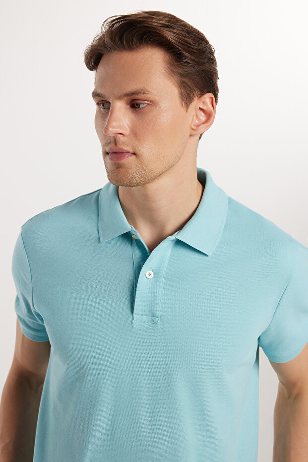 Men's Slim Fit Slim Fit 100% Cotton Blue Polo Neck T-Shirt